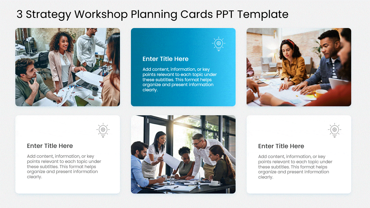 Strategy workshop PowerPoint templates with image cards for brainstorming, team collaboration, and business planning presentations.