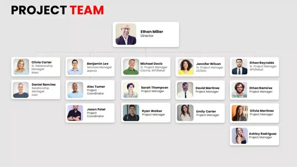 Project organizational chart PowerPoint template showing a cross-functional project team and reporting lines