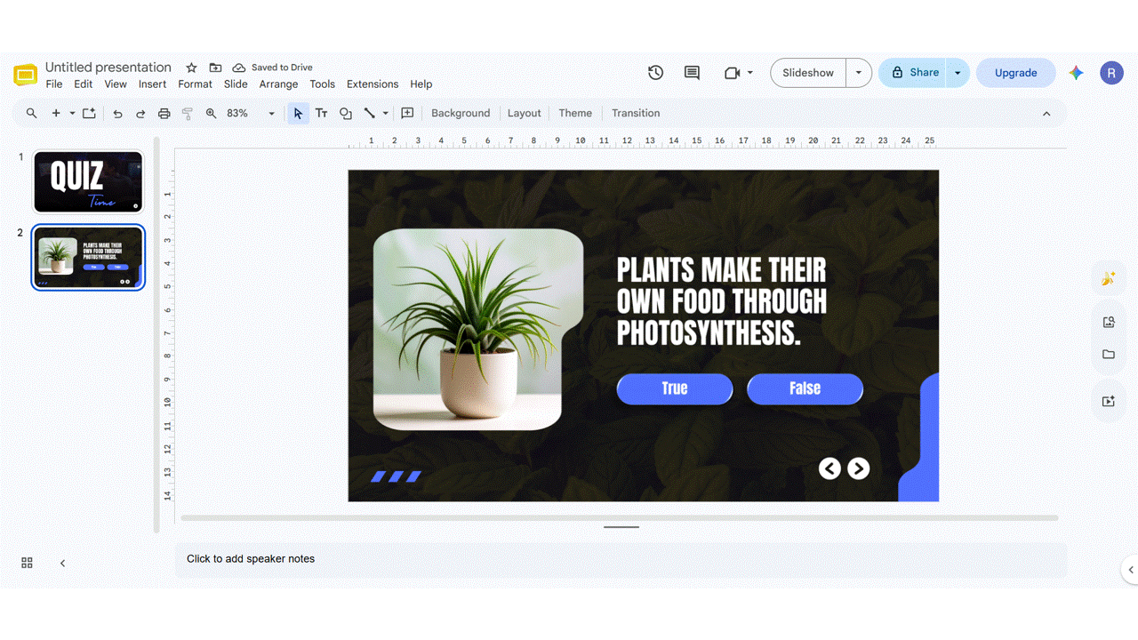 Correct answer and wrong answer feedback slides in a Google Slides quiz