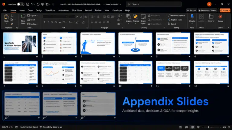 Appendix slide templates showing supporting slides placed at the end of a presentation.