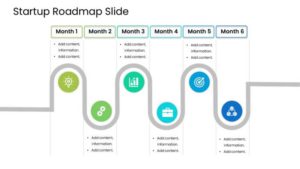 Startup roadmap PowerPoint slide with a six-month wavy timeline and milestone icons