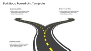 Fork road PowerPoint template with a three-way path split, ideal for decision-making and strategic direction slides