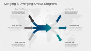 Merging and diverging arrows diagram PowerPoint template illustrating workstreams combining and branching