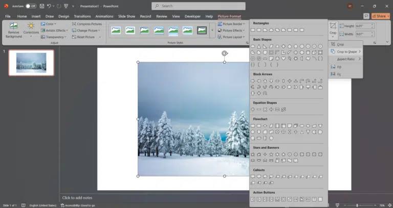 PowerPoint Crop to Shape dropdown menu for image masking
