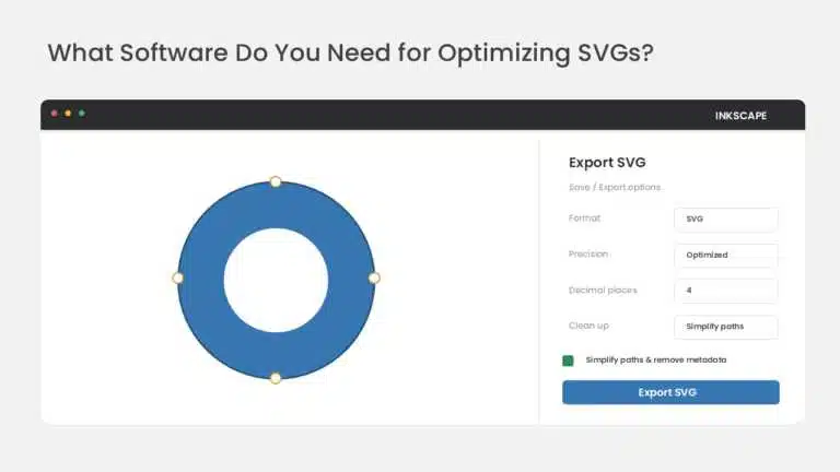 SVG optimization in Inkscape showing export settings for optimized precision, simplified paths, and cleaner files.
