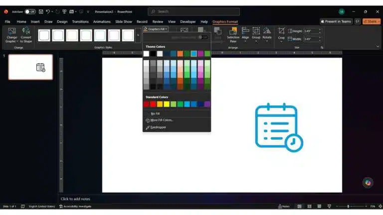 PowerPoint Graphics Format menu showing how to recolor an inserted SVG using Graphics Fill.