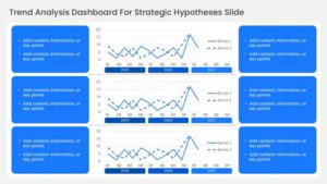Trend analysis table design PowerPoint template showing three quarterly line charts spanning 2025 to 2027 with supporting bullet points on each side.
