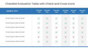 Checklist table design PowerPoint template showing a project submission checklist with yes/no checkbox columns and a comments field for eight review criteria.