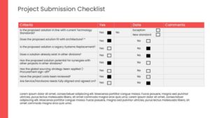 Checklist table design PowerPoint template with six criteria columns and green check and red cross icons marking completion across six rows.