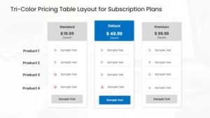 Comparison table design PowerPoint template showing a tri-color pricing table with Standard, Deluxe, and Premium plans compared across four product features.