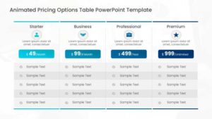 Interactive table design PowerPoint template showing an animated four-tier pricing table with Starter, Business, Professional, and Premium plans.