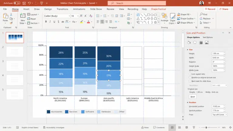 Mekko chart being built in PowerPoint using the Size and Position panel and guide lines