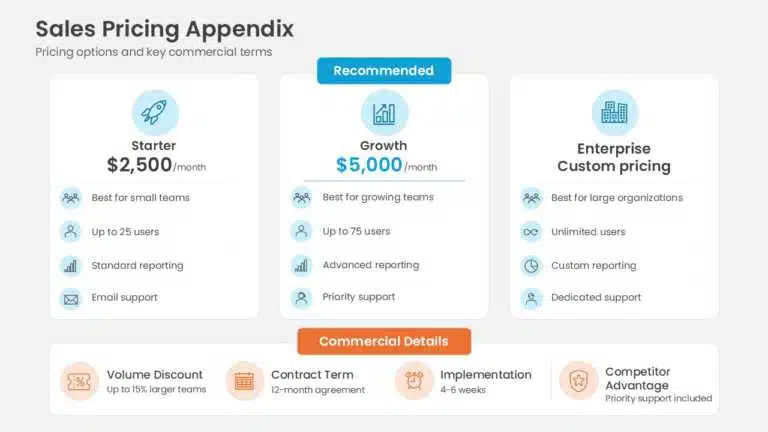Appendix slide example showing a sales pricing table with plan tiers and commercial terms used as backup data in presentations.