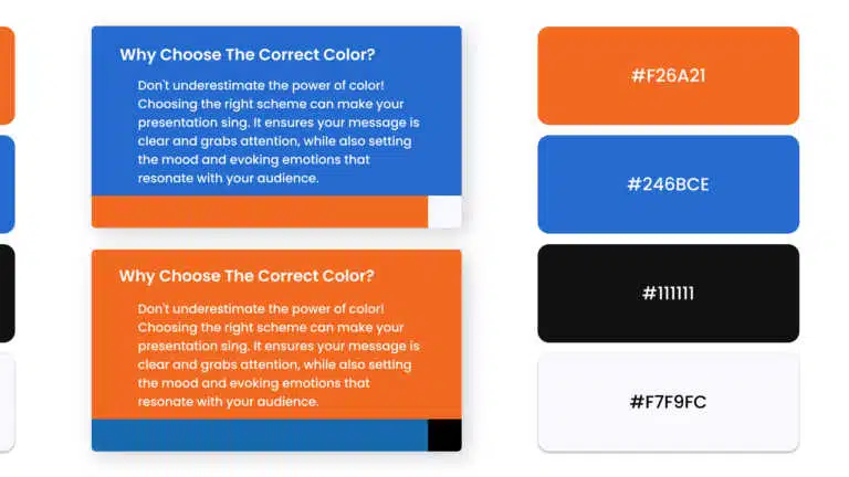 Color palette slide with blue and orange text cards beside four hex code swatches PowerPoint presentation template compatible with PowerPoint and Google Slides
