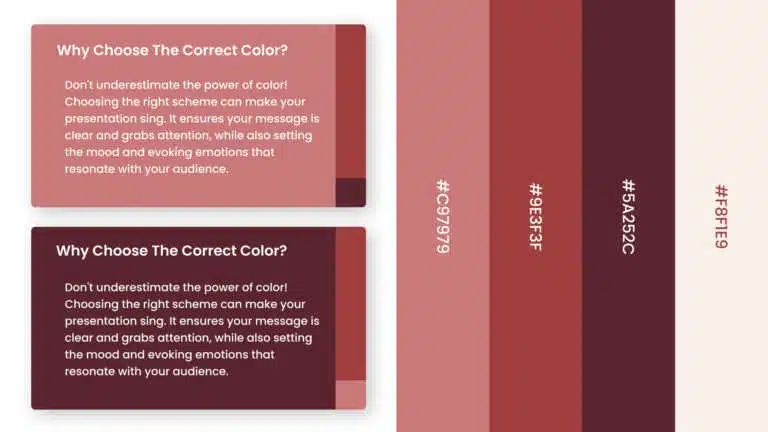 Monochrome red color palette slide with four vertical hex swatch bands and two sample cards PowerPoint presentation template compatible with PowerPoint and Google Slides