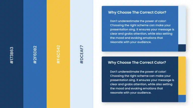 Navy blue and yellow color palette slide with four hex swatch bands and two sample cards PowerPoint presentation template compatible with PowerPoint and Google Slides