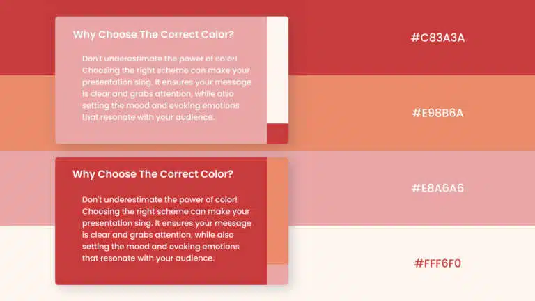 Red and coral color palette slide with four horizontal hex swatch bands and two sample cards PowerPoint presentation template compatible with PowerPoint and Google Slides