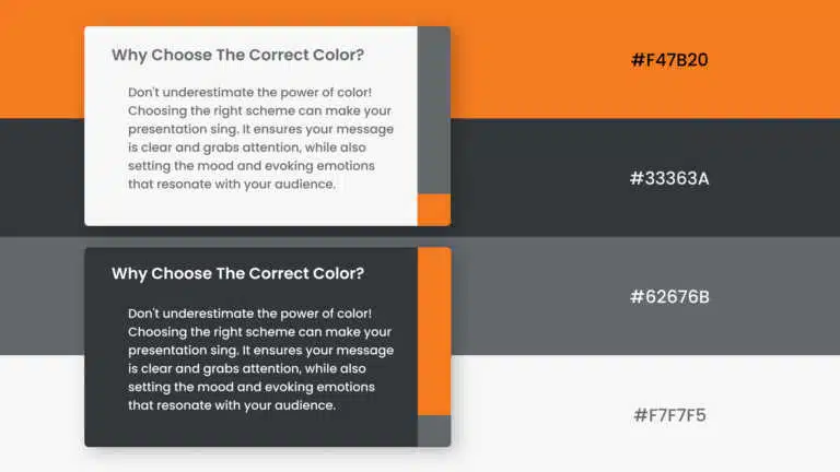 Orange and charcoal color palette slide with four horizontal hex swatch bands and two sample cards PowerPoint presentation template compatible with PowerPoint and Google Slides
