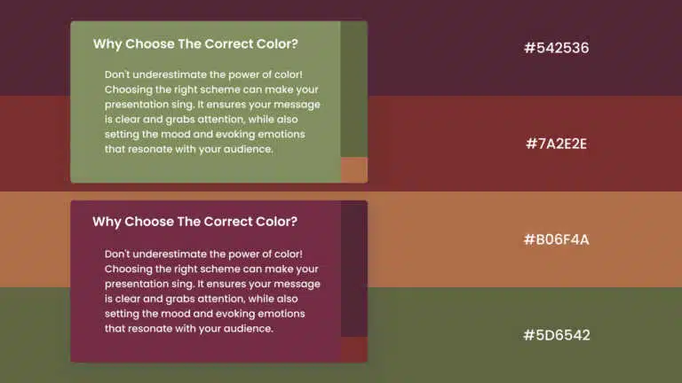 Earth tone color palette slide with plum, brick, terracotta, and olive hex swatch bands PowerPoint presentation template compatible with PowerPoint and Google Slides