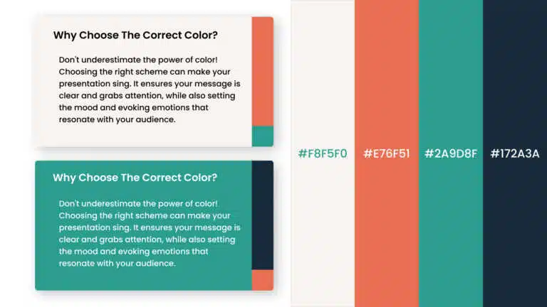 Teal and coral color palette slide with four vertical hex swatch bands and two sample cards PowerPoint presentation template compatible with PowerPoint and Google Slides
