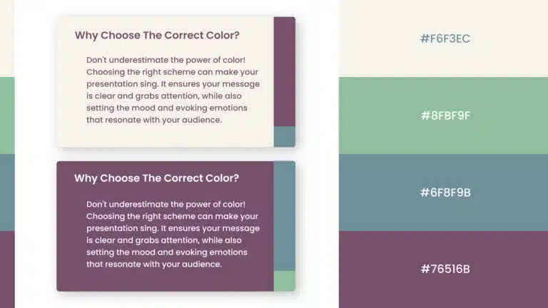 Sage green, slate blue, and plum color palette slide with four hex swatch bands and two sample cards PowerPoint presentation template compatible with PowerPoint and Google Slides