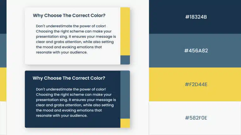 Navy, steel blue, and yellow color palette slide with four hex swatch bands and two sample cards PowerPoint presentation template compatible with PowerPoint and Google Slides