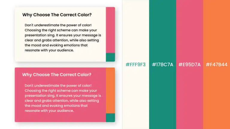 Pink, teal, and orange color palette slide with four vertical hex swatch bands and two sample cards PowerPoint presentation template compatible with PowerPoint and Google Slides
