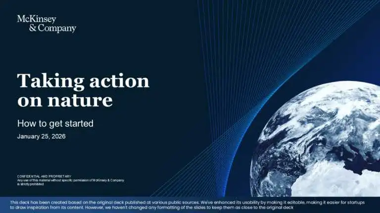 Real McKinsey slides presentation deck for sustainability strategy with Taking Action on Nature cover slide and consulting-style layouts