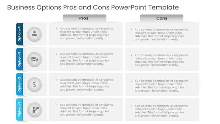 Business options pros and cons presentation template comparing four alternatives in a structured advantages and disadvantages table