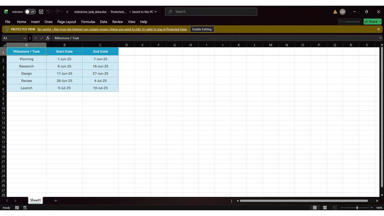 GIF showing Step 2 of creating a timeline in PowerPoint, demonstrating how to copy the Excel timeline data and paste it into PowerPoint as a linked worksheet object using Paste Special.