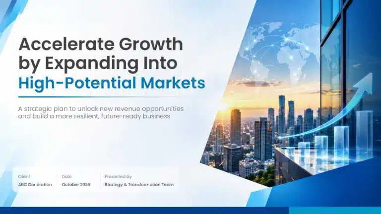 Consulting title slide with two-tone headline, client and date fields, and angled city skyline growth panel PowerPoint presentation template compatible with PowerPoint and Google Slides