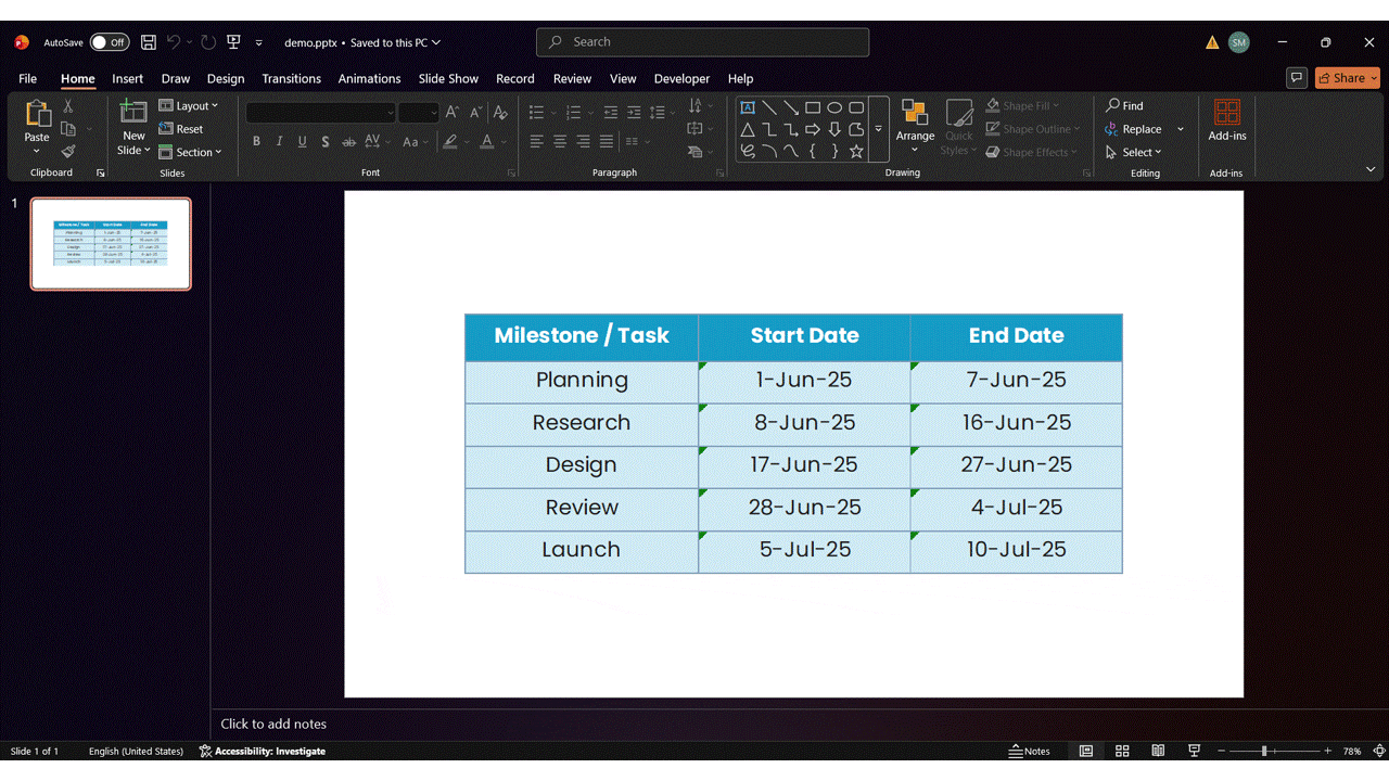 PowerPoint File Info screen showing the Edit Links to Files option for updating, changing, or breaking a linked Excel timeline connection.