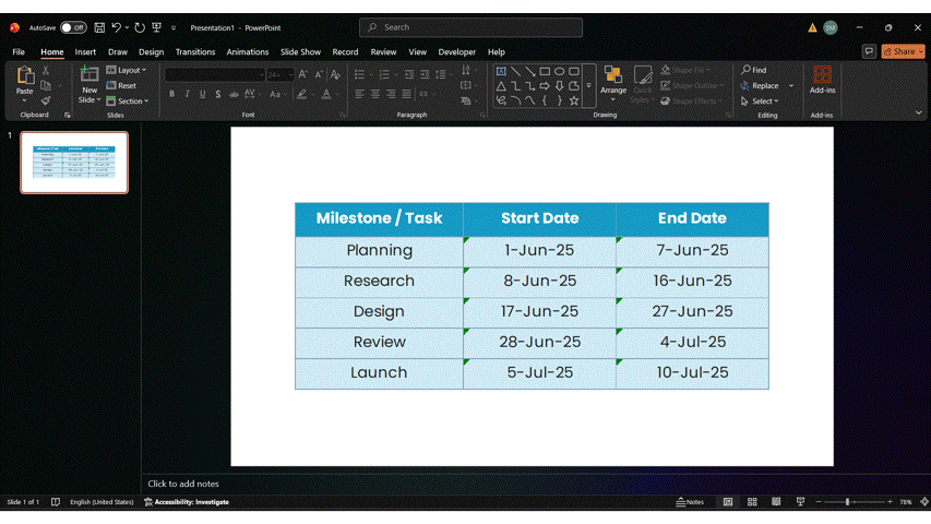 GIF showing Step 3 of creating a PowerPoint timeline, demonstrating how to update linked Excel timeline data when reopening the presentation by selecting the Update Links option.