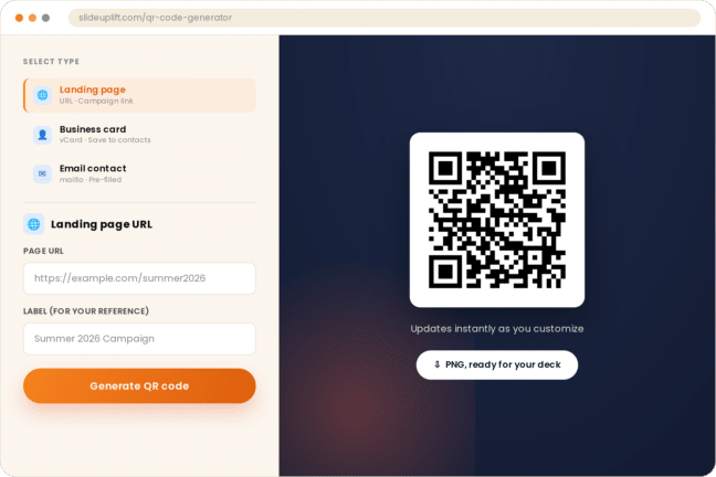 A closing slide with a scannable QR code, generated with the SlideUpLift QR Code Generator