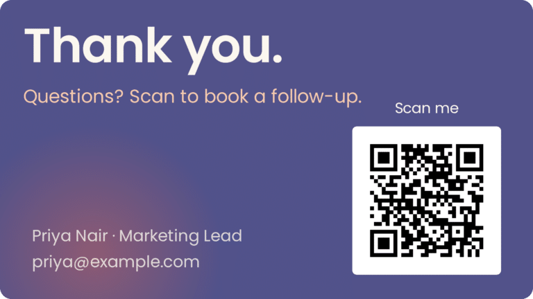Example closing slide with a scannable QR code, generated with the SlideUpLift QR Code Generator