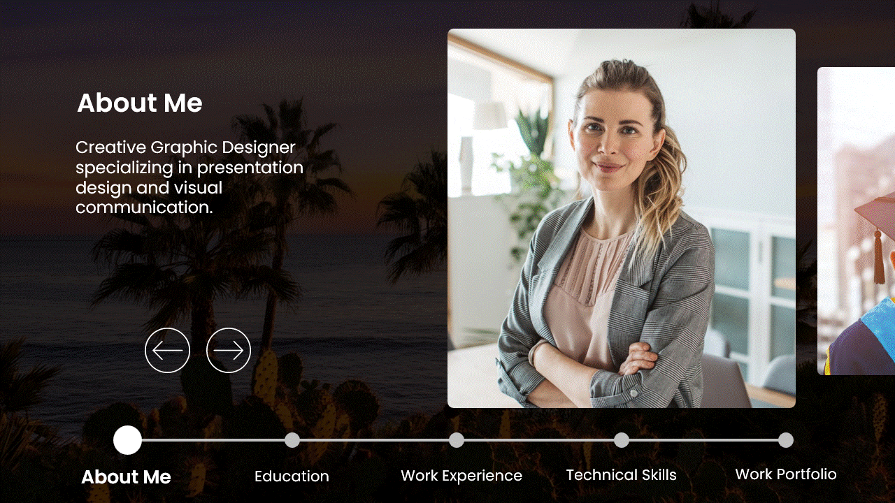 Animated About Me PowerPoint slide with education, work experience and skills tabs