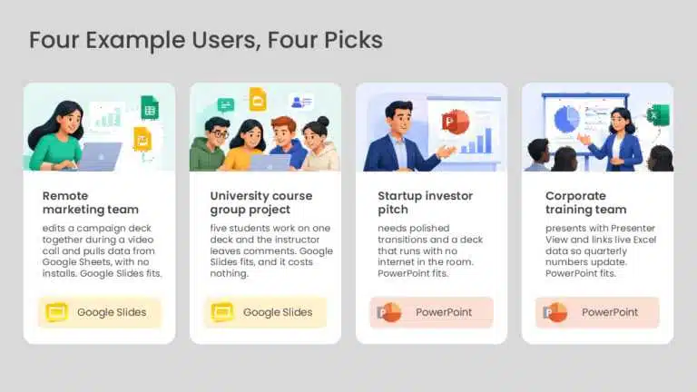 Icons for four example users and the tool suited to each