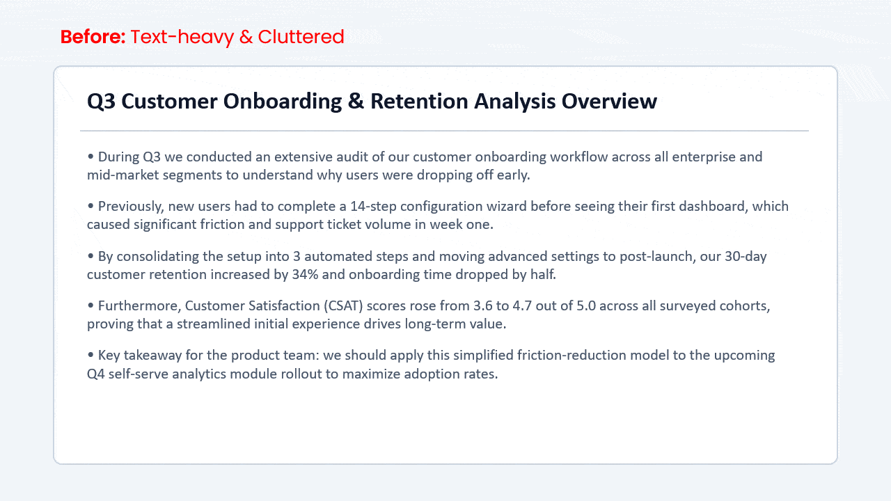 Animation of a text-heavy interview slide becoming a single-message slide