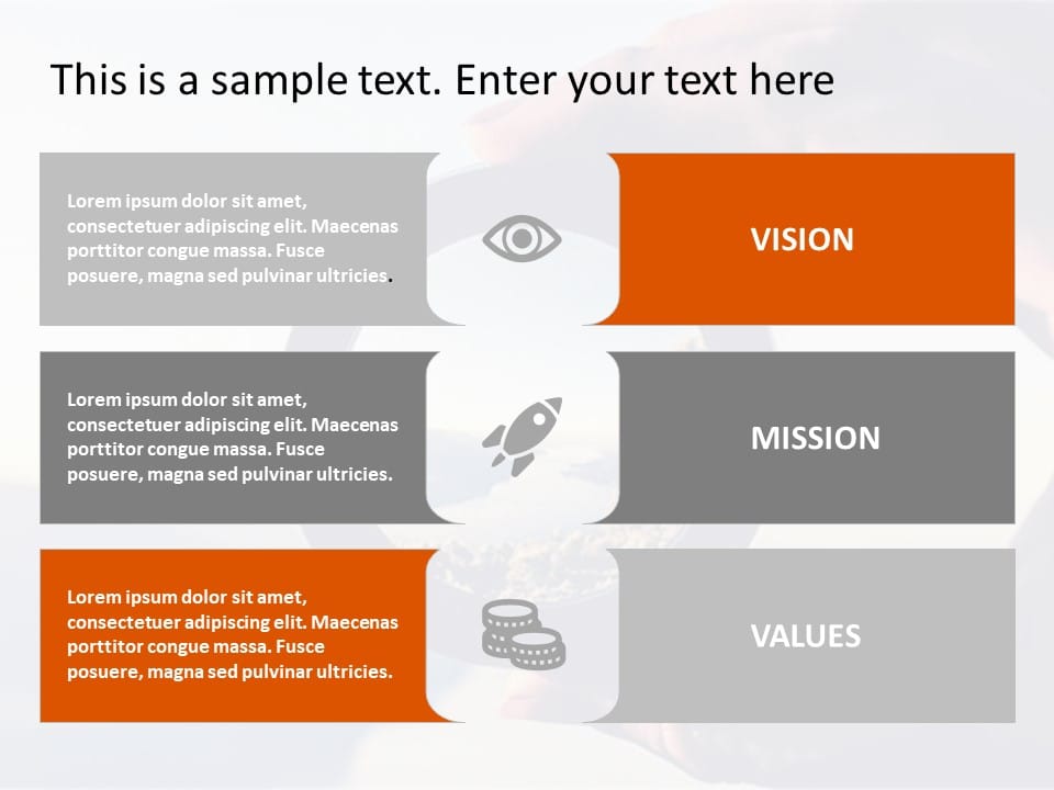 Orange and Gray Vision-Mission-Values Layout with Icon Highlights ...