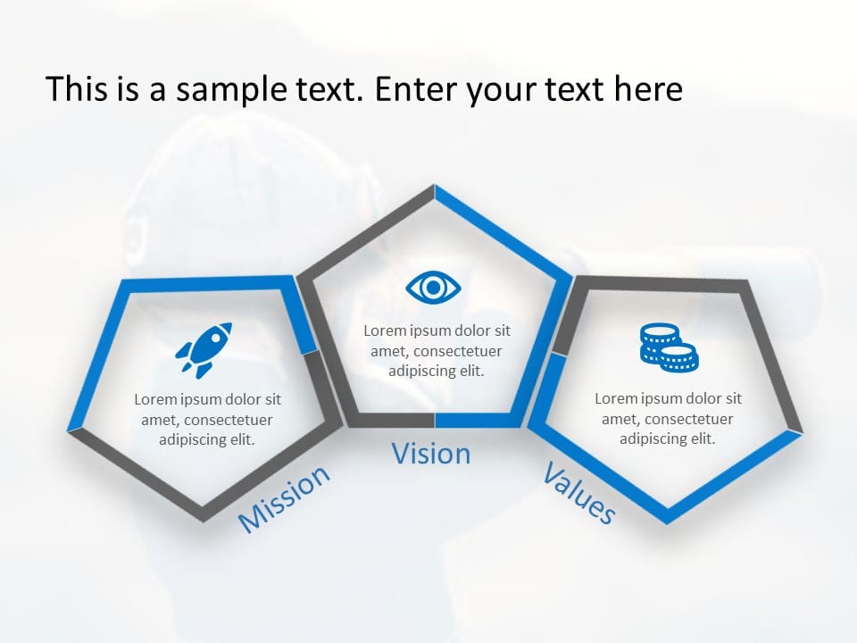 Blue and Gray Hexagonal Mission-Vision-Values Diagram Slide Template