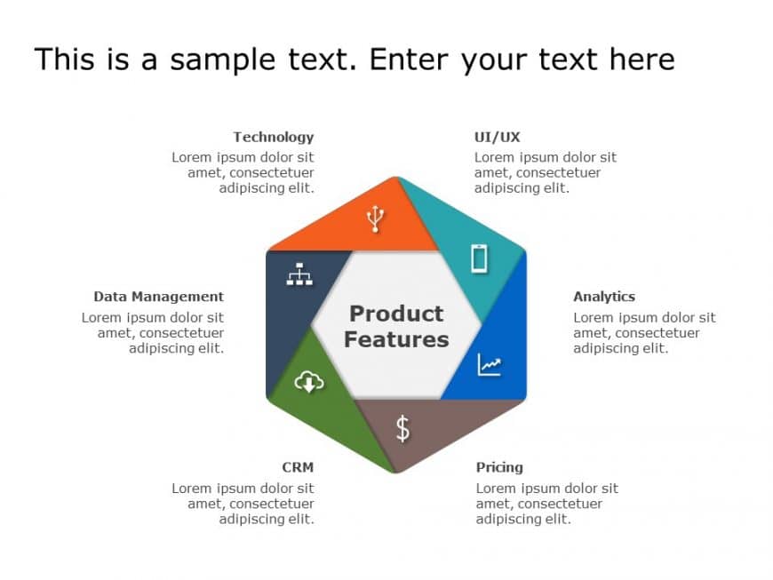 Hexagonal Product Features Diagram in Vibrant Colors Powerpoint Template