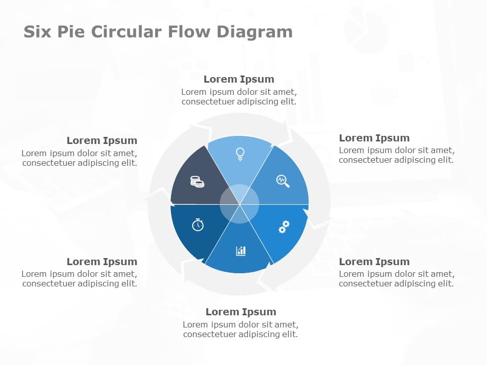 Six Pie Circular Process Flow Diagram PowerPoint Template