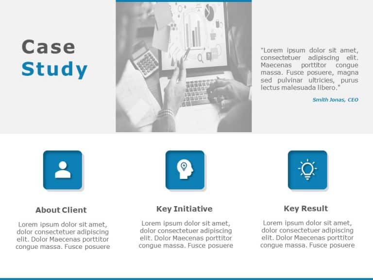 Blue and Gray Case Study Layout with Icon Highlights Presentation Template
