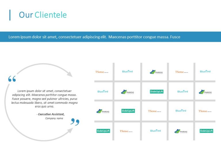 Client Panel Powerpoint Design Client Logo Grid and Testimonial Layout in Teal and Blue Presentation ...