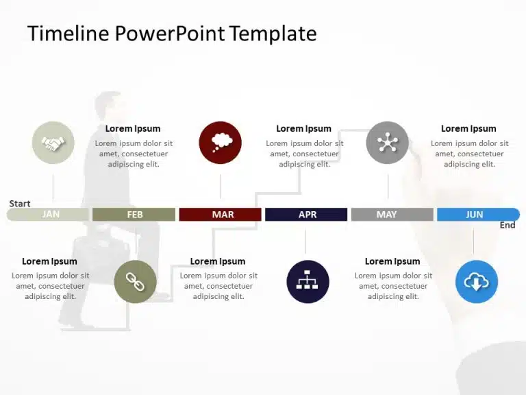 Timeline slide showing a horizontal six-month timeline from January to June with colour-coded circular markers and icons for each month.