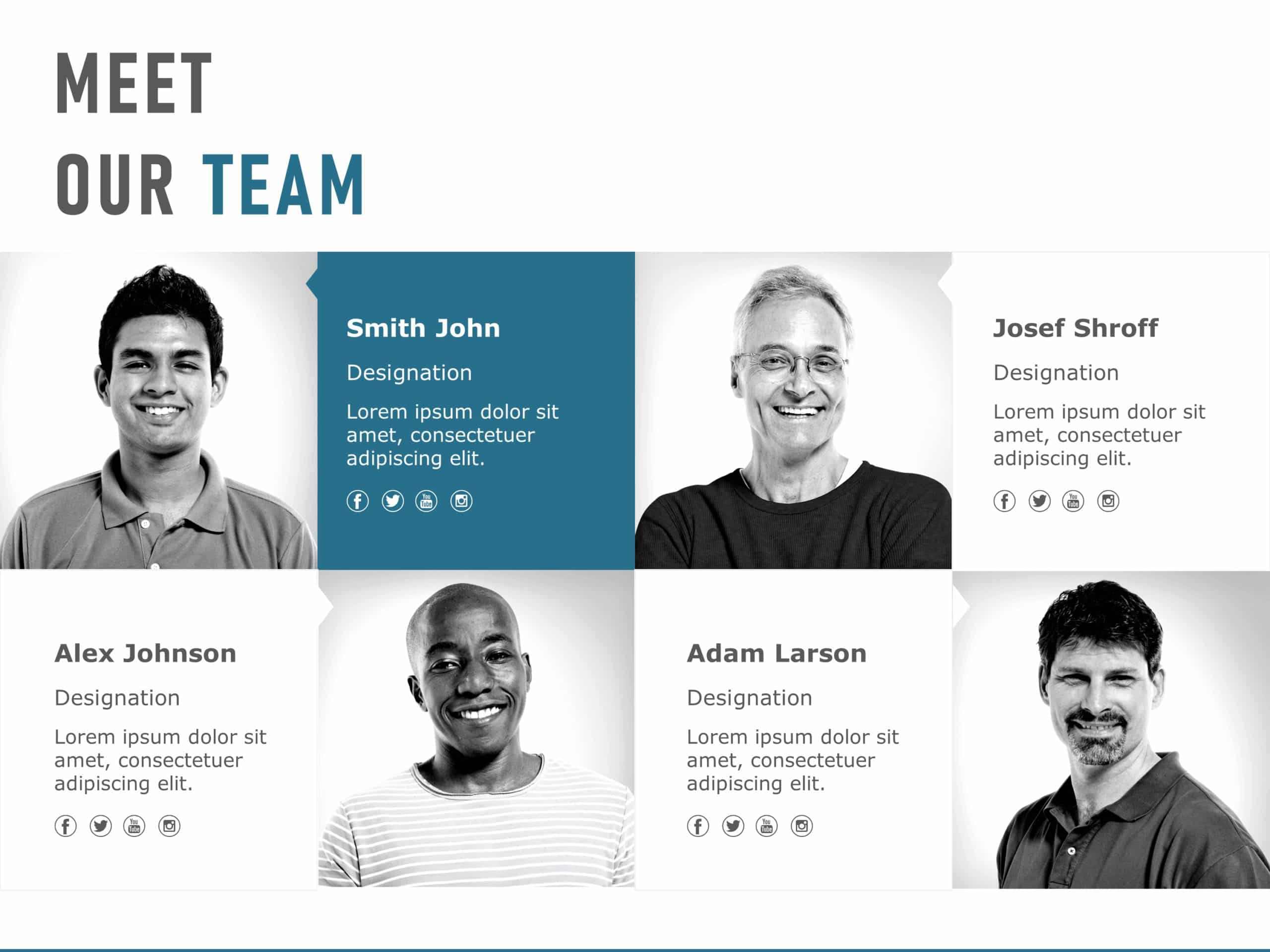 Monochrome Team Introduction Grid with Teal Highlight Presentation Template
