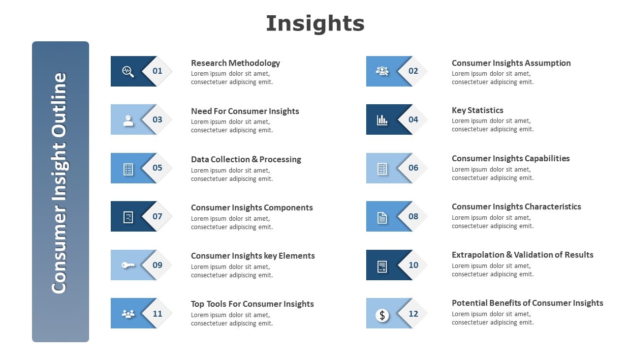 Blue Consumer Insight Outline with Icon Highlights Powerpoint Template